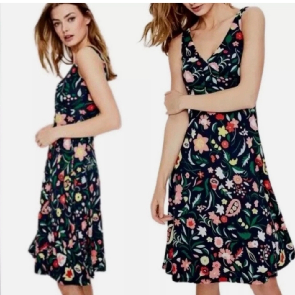 Boden Navy Floral Midi Dress with Pink, Green & Yellow Details